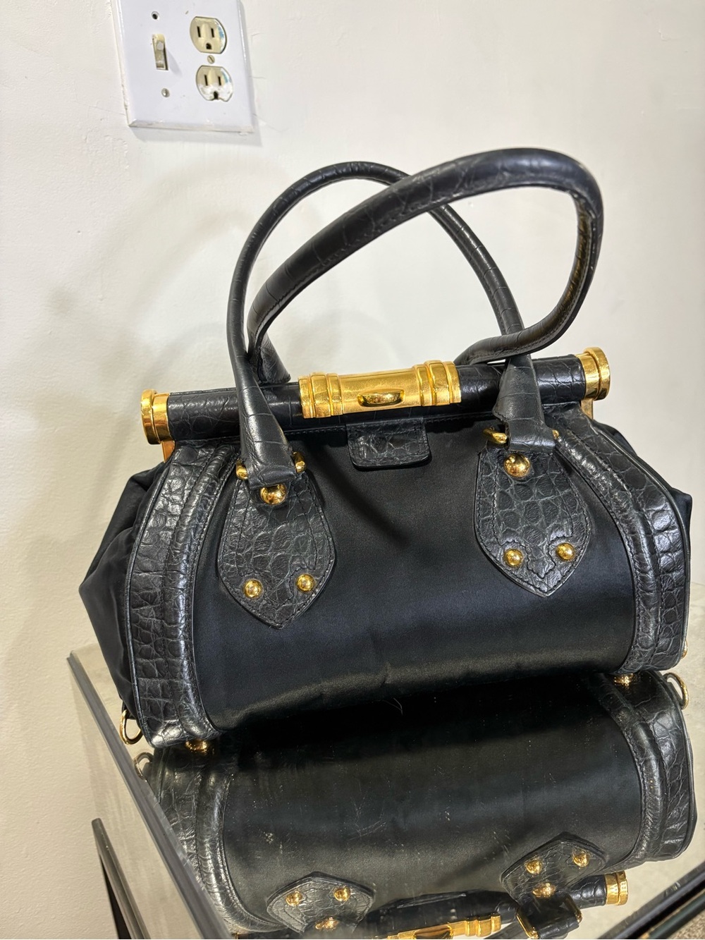 Vintage Celine Michael Kors Era Black Satin & Crocodile-Embossed Frame Bag